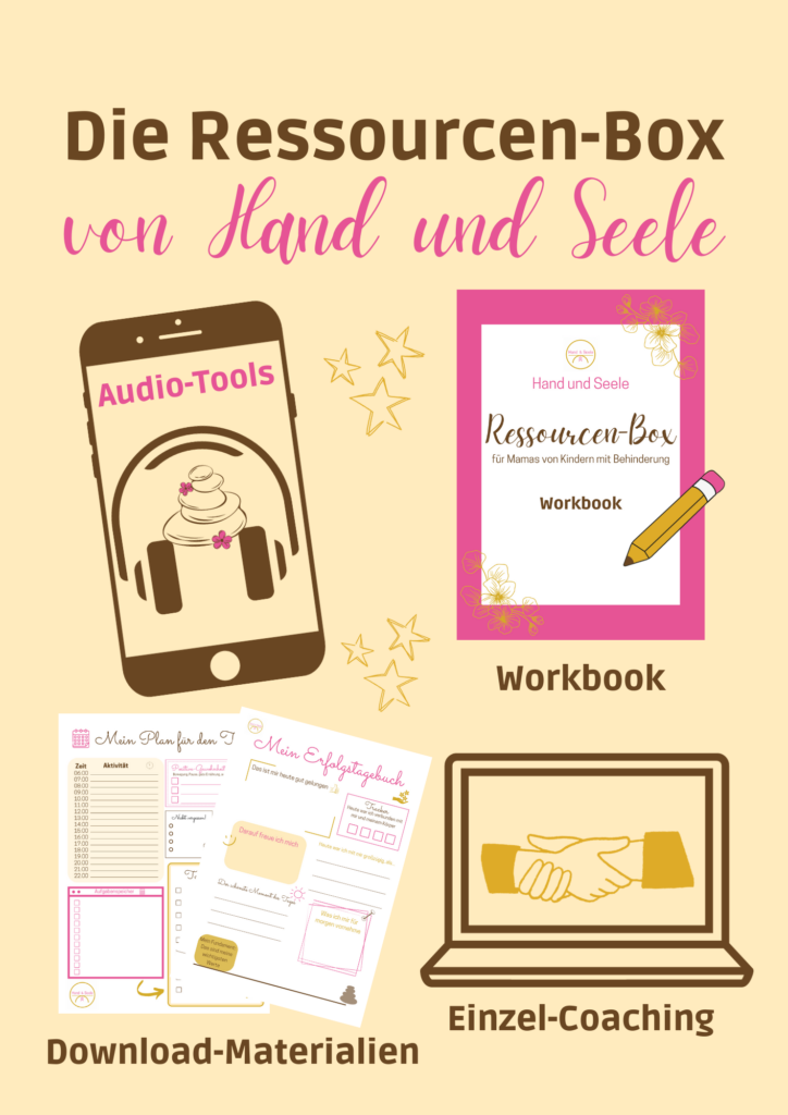 Übersicht über die einzelnen Bestandteile der Ressourcen-Box von Hand und Seele: Audio-Tools, Workbook, Download-Materialien, Einzelcoaching