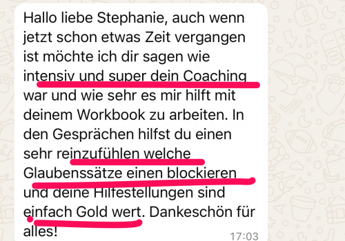 Positive Rezension einer Kundin, die sich für das Coaching bedankt und ihre Ergebnisse schildert